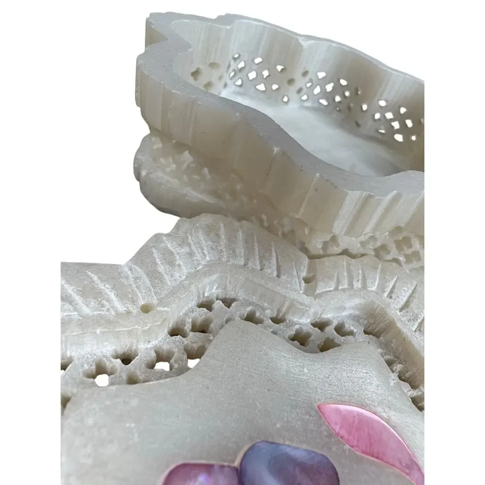 Vintage Carved Stone Trinket Box Mother of Pearl Floral Inlay Trinket Box
